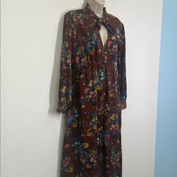 Zara - Colorful Floral Neck Tie Long Sleeve Deep V Neck Midi Dress Size Large - Picture 3 of 12
